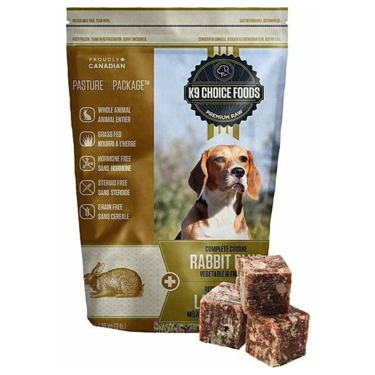 A front view of K9 Choice Complete Cuisine Frozen Plus Rabbit Dog Food on a white background