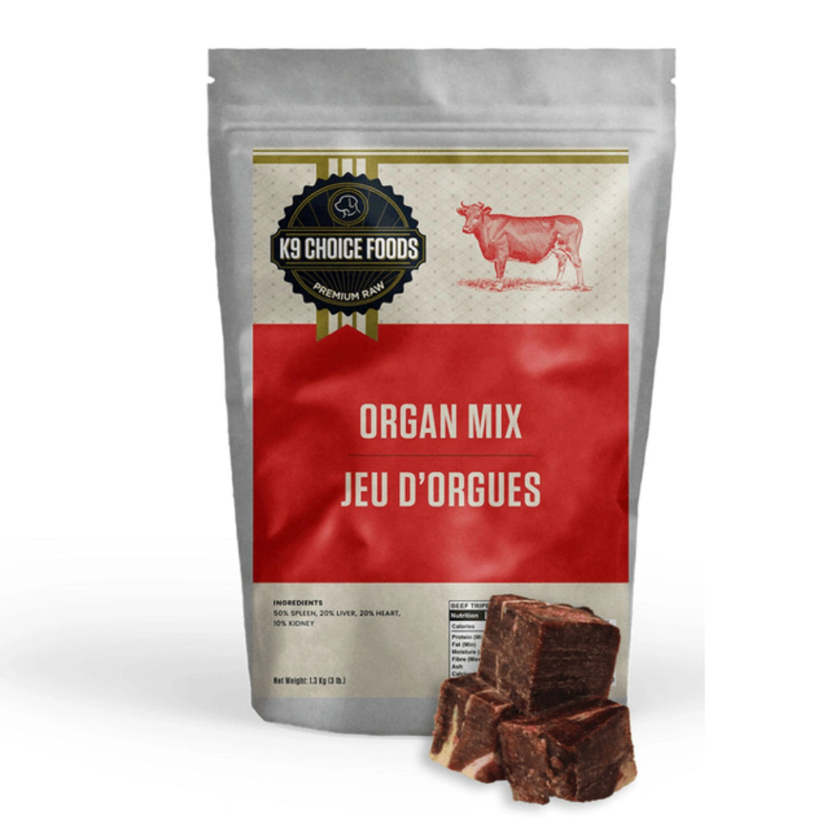 Front view of K9 Choice Frozen 3 lb Organ Mix Dog Treats on a white background