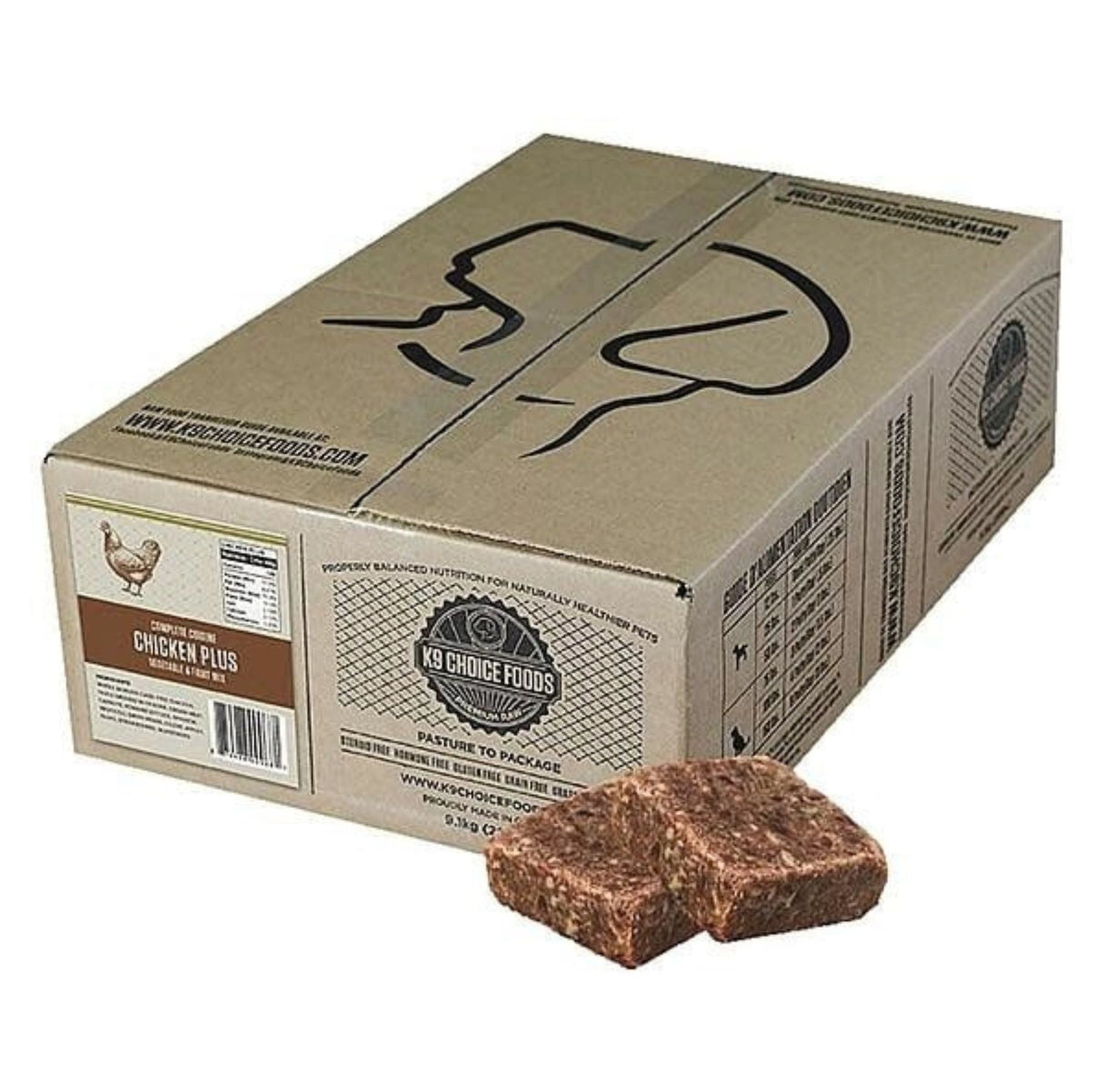 Front view of K9 Choice Frozen Complete Cuisine 20lb Plus Chicken Dog Food on a white background