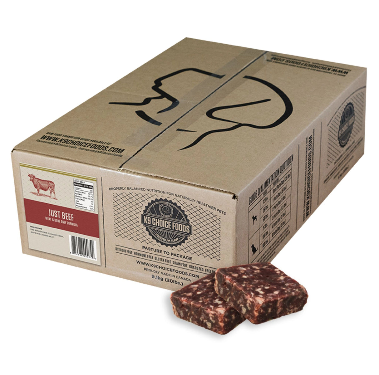 A front view of K9 Choice Frozen Meat and Bone Only 20lb Just Beef Dog Food on a white background