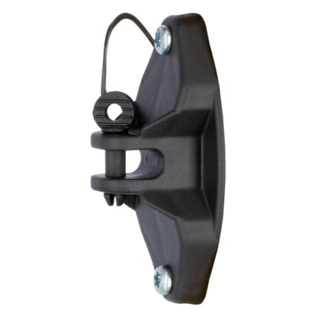 Close-up view of Kerbl heavy-duty electric fence insulators with pinlock mechanism for wood posts on a white background