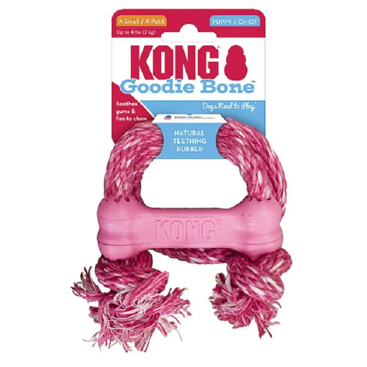 Front view of KONG Puppy Goodie Bone with Rope XS dog toy on a white background