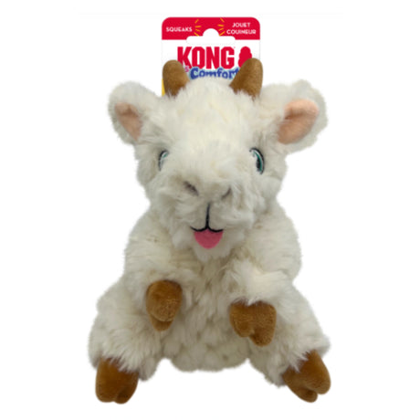 Front view of Kong plush Dog Toy goat on a clean white background