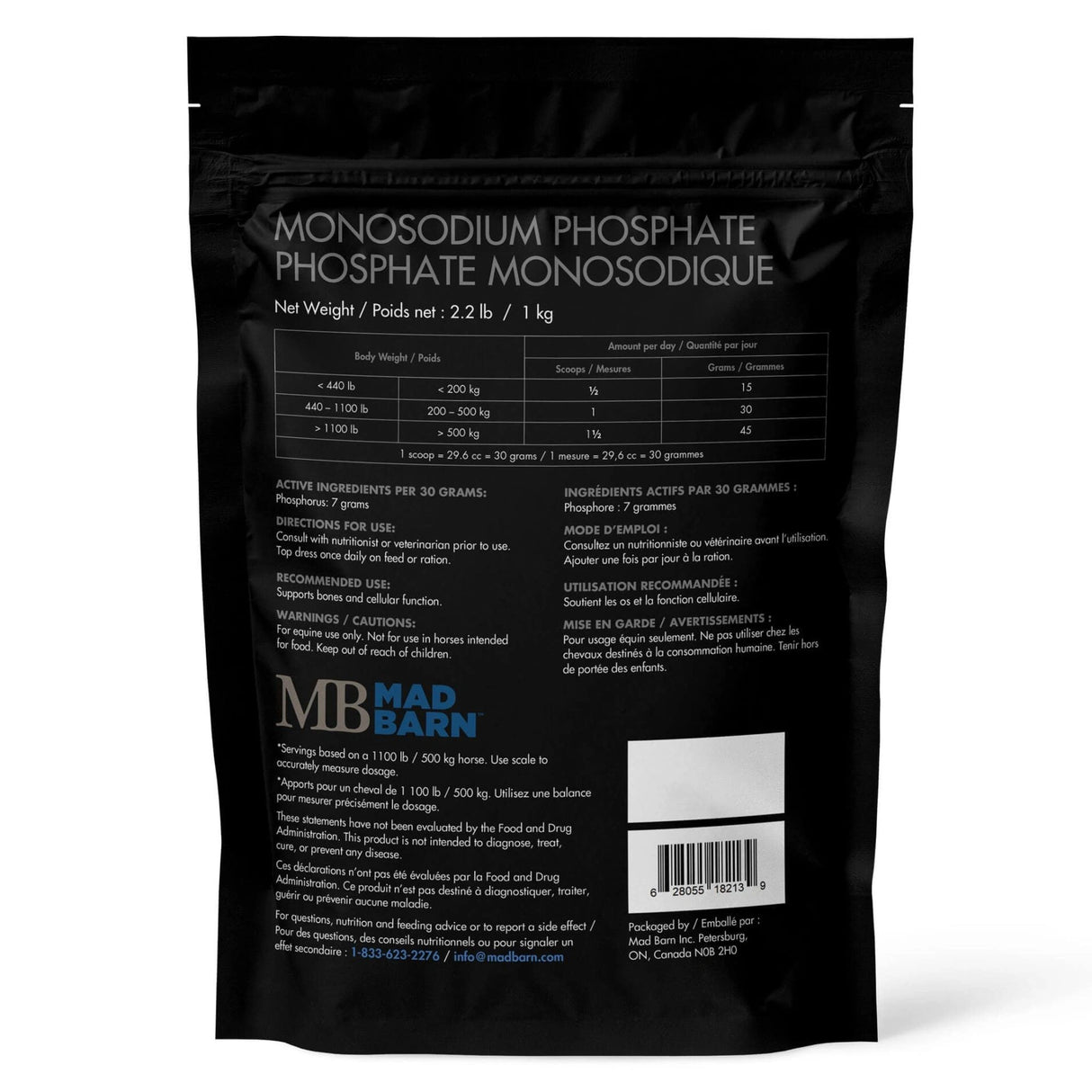 Back view of Mad Barn Monosodium Phosphate horse feed supplement packaging on a white background