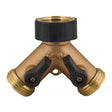 Front view of Melnor 2-Way Brass Y-Connector Hose Connector on a white background