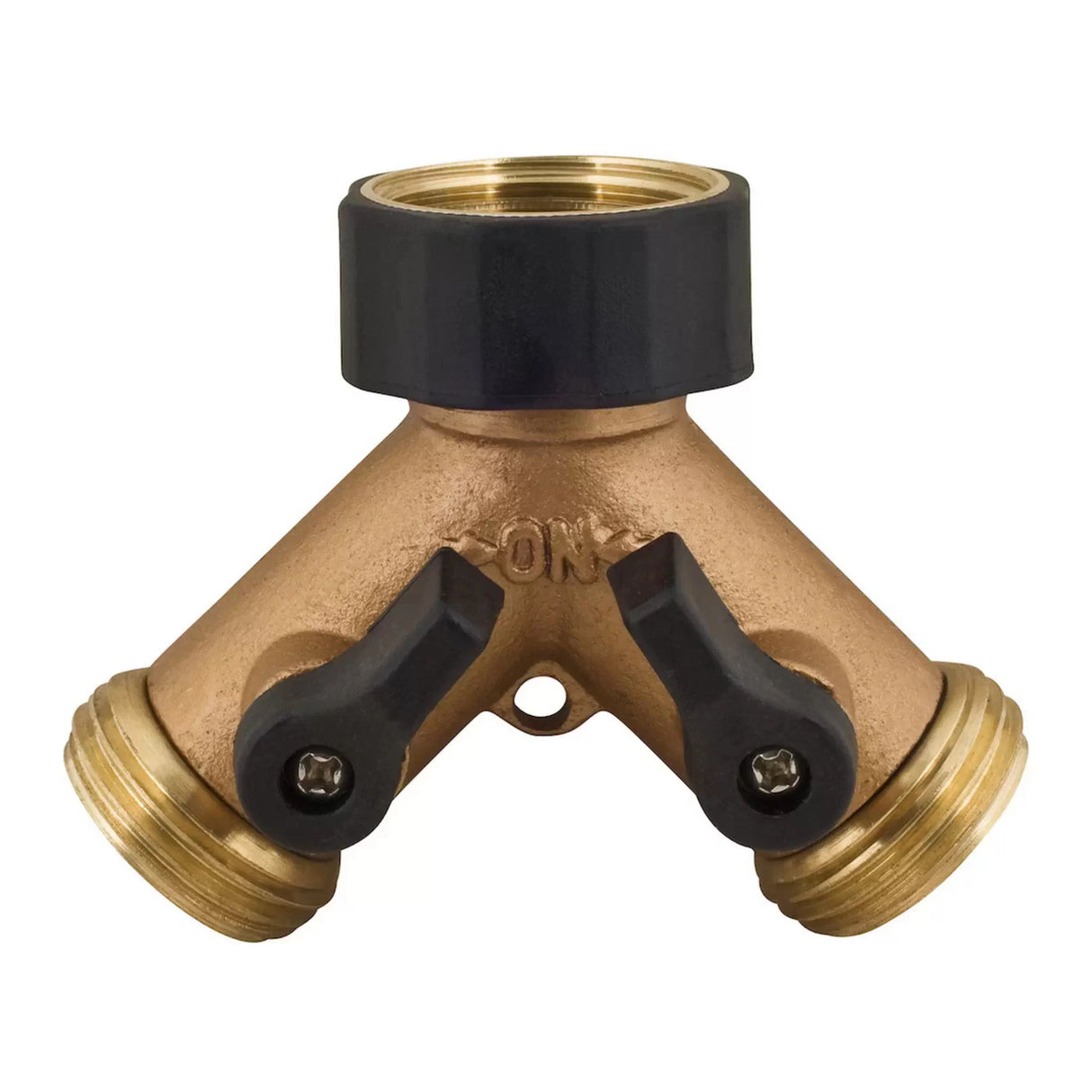 Front view of Melnor 2-Way Brass Y-Connector Hose Connector on a white background