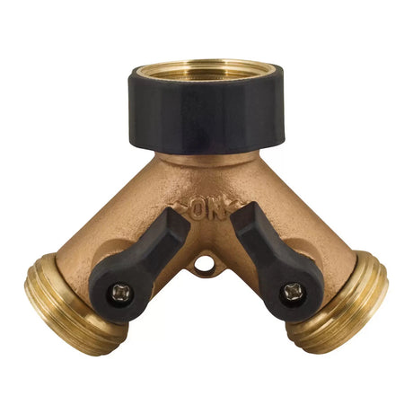 Front view of Melnor 2-Way Brass Y-Connector Hose Connector on a white background
