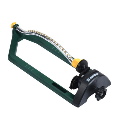 Close-up view of Melnor Oscillating Water Sprinkler showing precision 18-jet nozzles on a white background