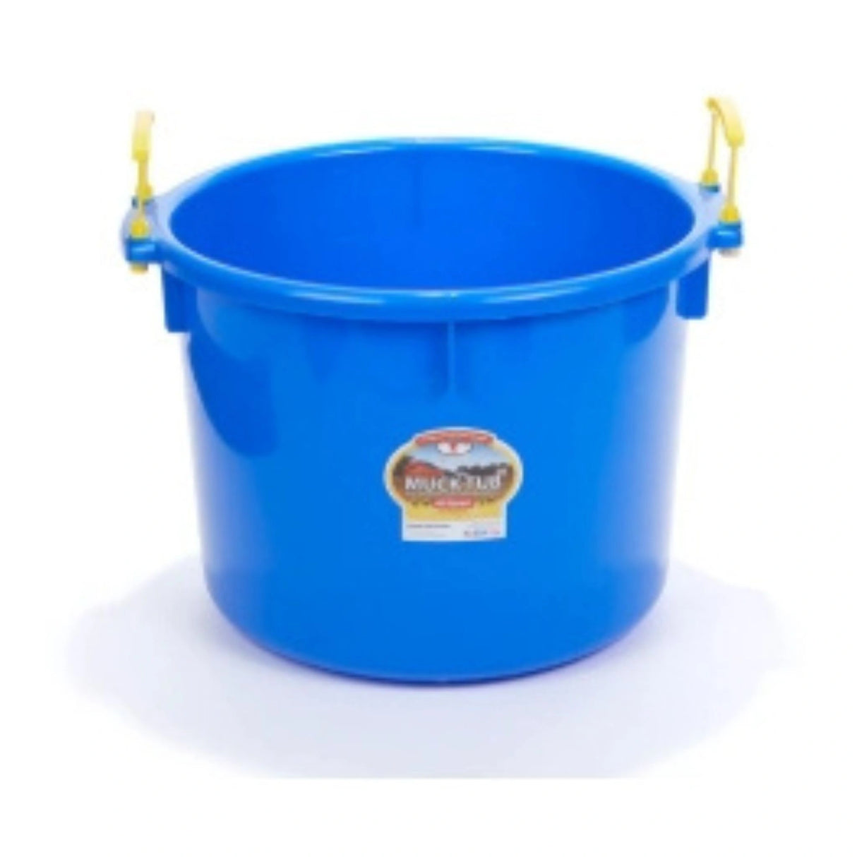 A front view of a blue 70 Quart Plastic Muck Tub on a white background