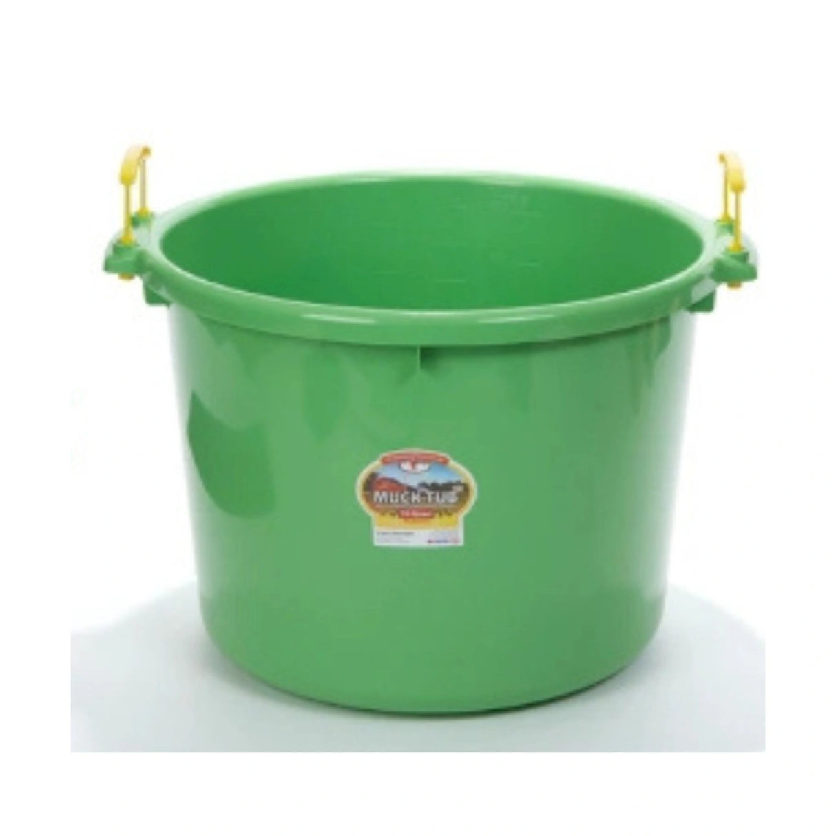 A front view of a lime green 70 Quart Plastic Muck Tub on a white background