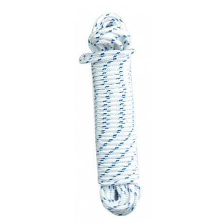 Front view of Mustang poly rope horse accessories in white and blue 3-8in x 100ft on a white background