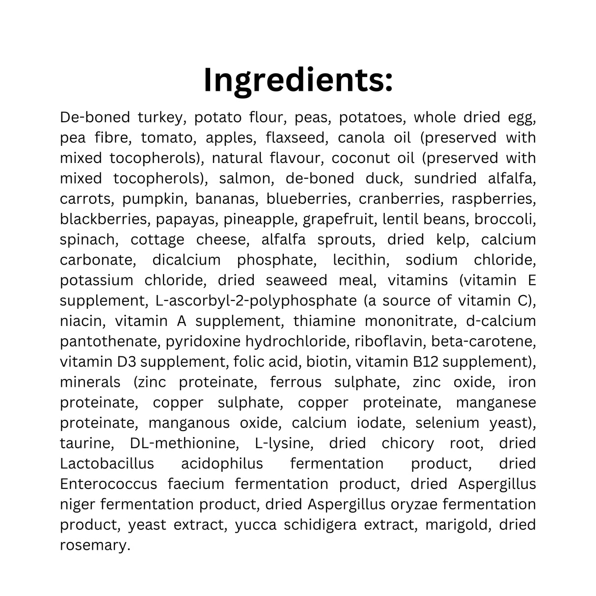 List of ingredients in Now Fresh Grain Free Turkey Salmon Duck Dog Food
