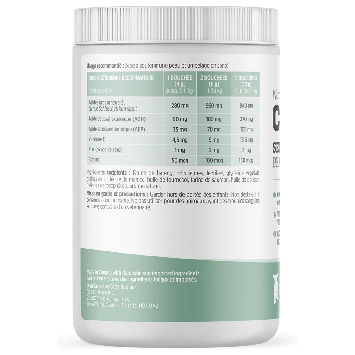 Back view of Nutrience Care Skin & Coat Dog Supplement packaging with nutritional details on a white background