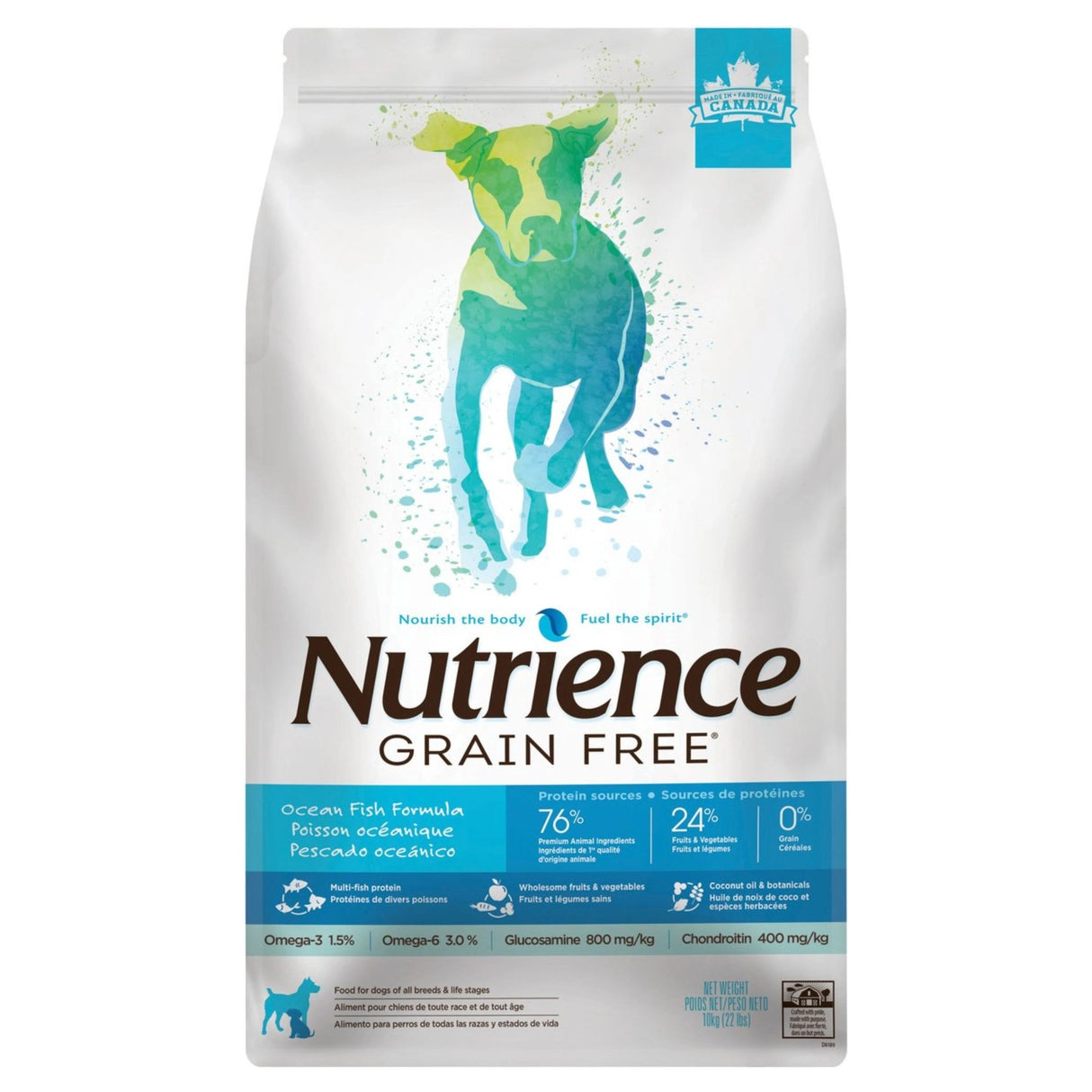 A front view of Nutrience Ocean Fish Grain Free Dog Food on a white background