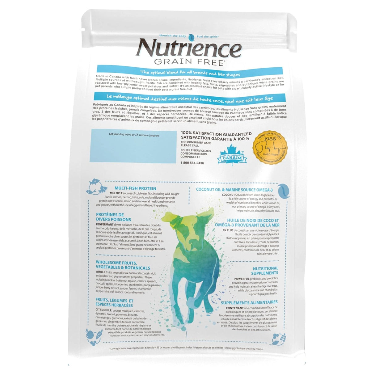 A back view of Nutrience ocean fish grain free dog food on a white background