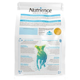 A back view of Nutrience ocean fish grain free dog food on a white background