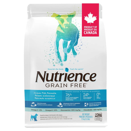 A front view of Nutrience grain free ocean fish dog food on a white background
