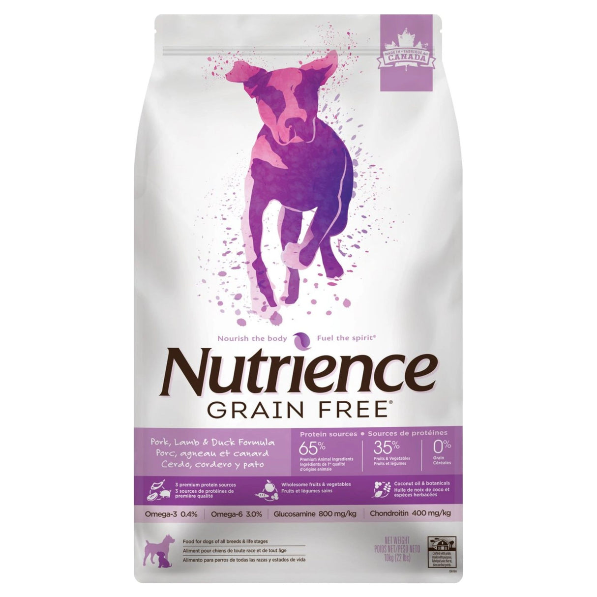 A front view of Nutrience Grain Free Pork Lamb and Duck Dog Food on a white background