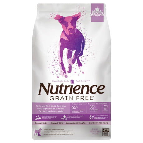 A front view of Nutrience Grain Free Pork Lamb and Duck Dog Food on a white background