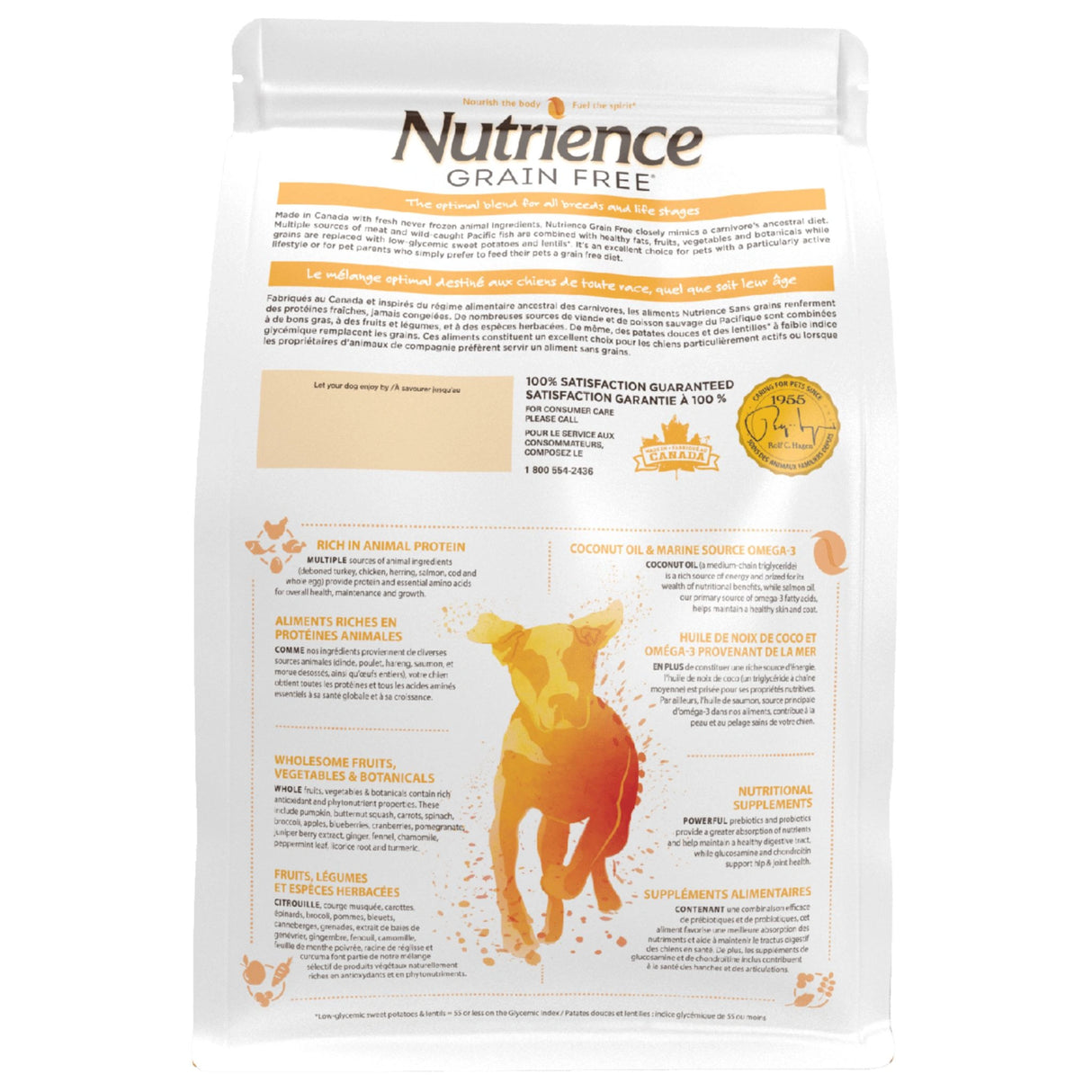 Back view of Nutrience Grain Free Turkey, Chicken and Herring Dog Food showing product details on a white background