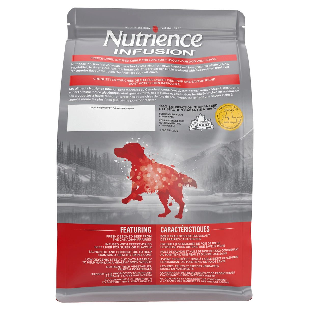 A back view of Nutrience Infusion Healthy Adult Beef Dog Food on a white background