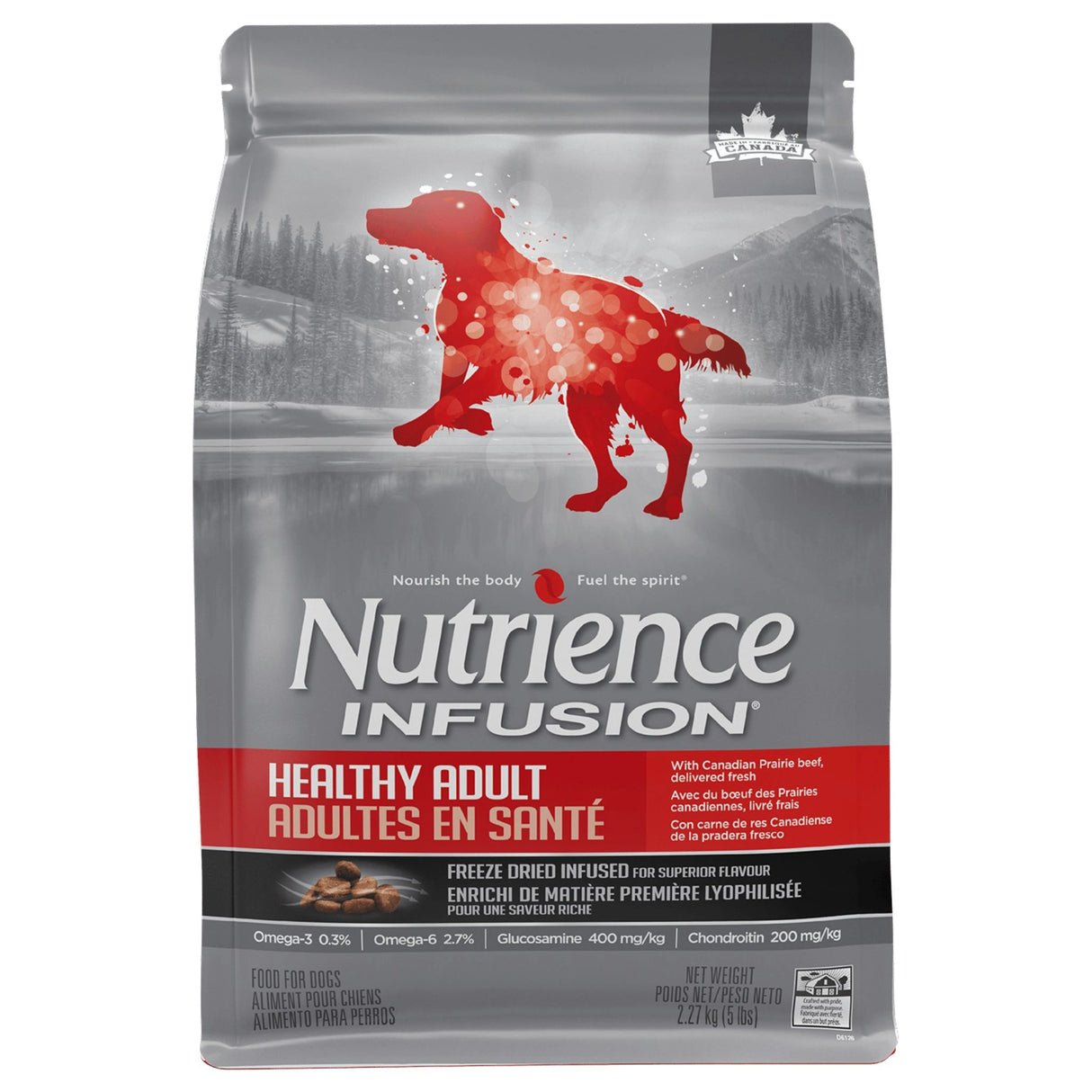 A front view of Nutrience Infusion Healthy Adult Beef Dog Food on a white background