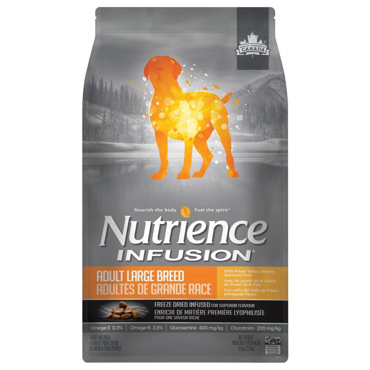 A front view of Nutrience Infusion Healthy Adult Large Breed Chicken Dog Food on a white background