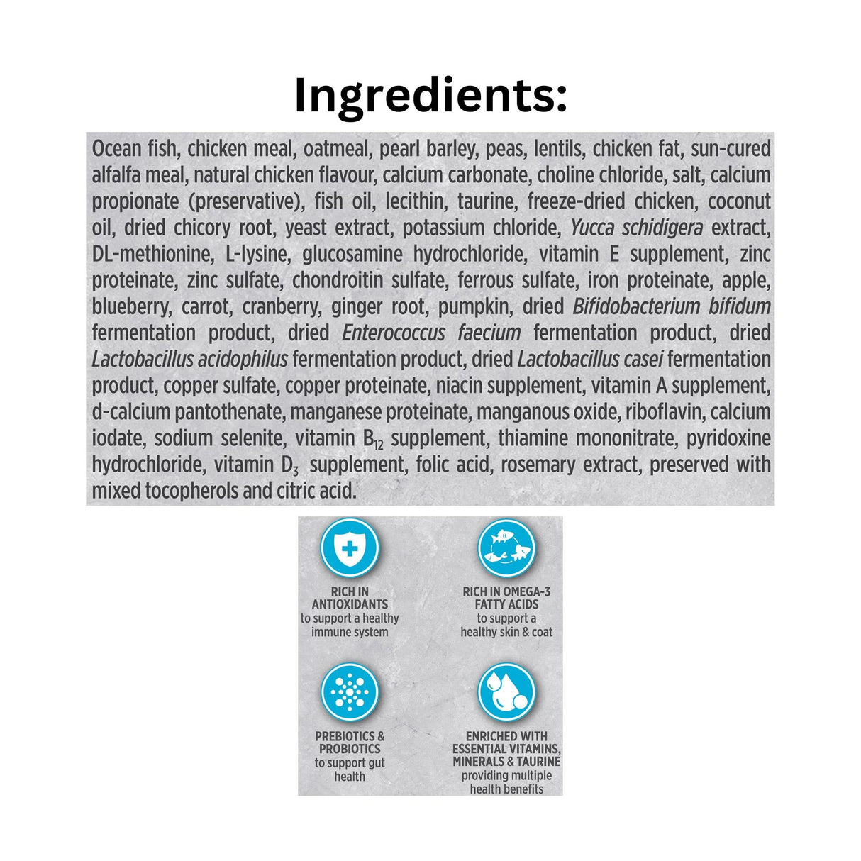 Ingredients list of Nutrience Infusion Healthy Adult Ocean Fish Dog Food with icons