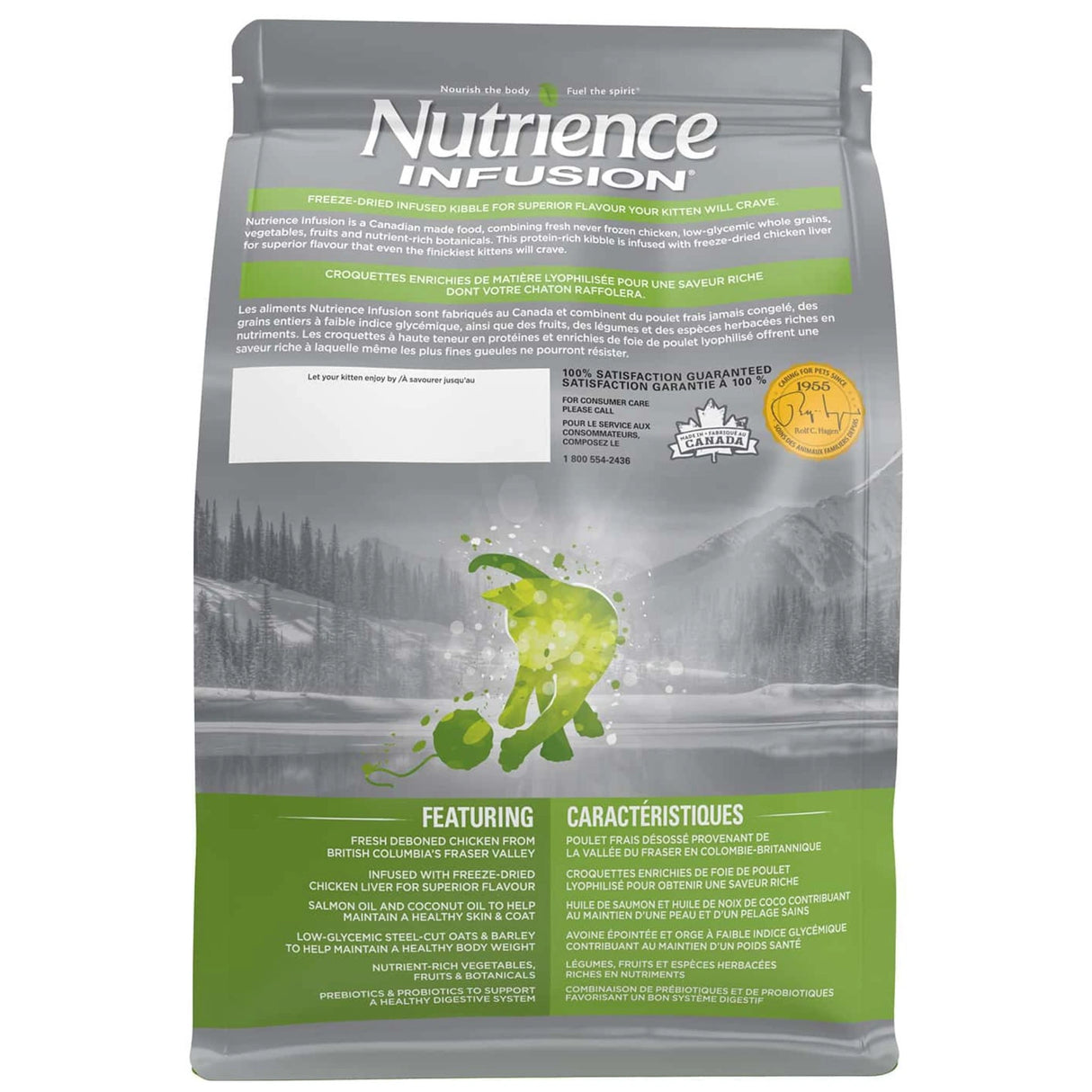A back view of Nutrience Infusion Healthy Kitten Chicken Cat Food on a white background
