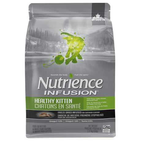 A front view of Nutrience Infusion Healthy Kitten Chicken Cat Food on a white background