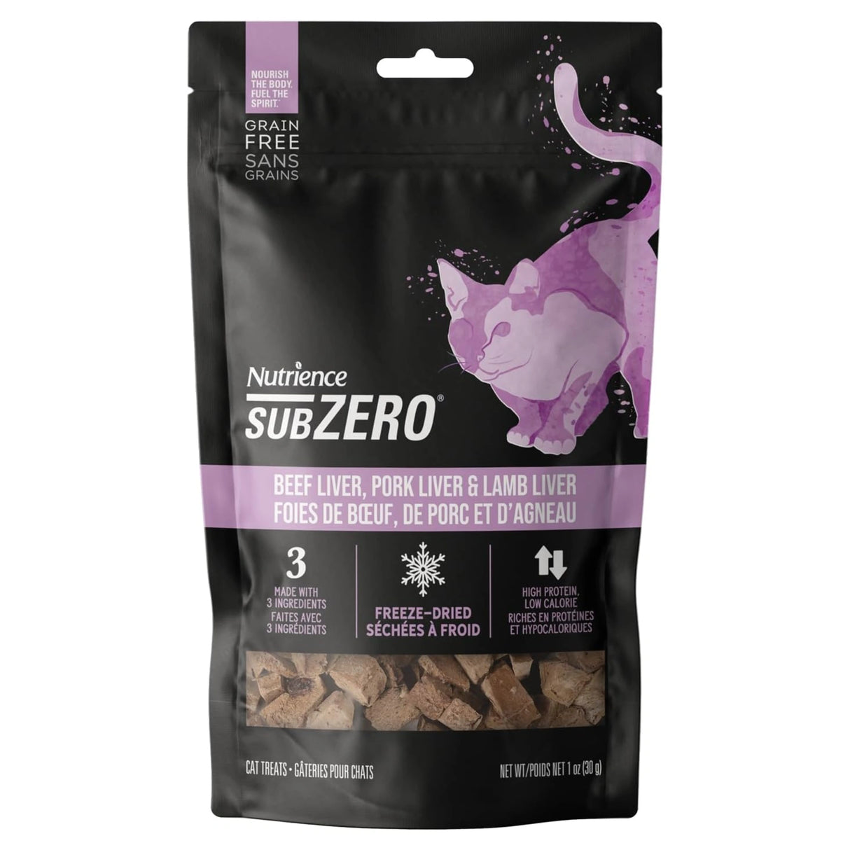 A front view of Nutrience SubZero Freeze Dried Beef Pork and Lamb Cat Treat on a white background