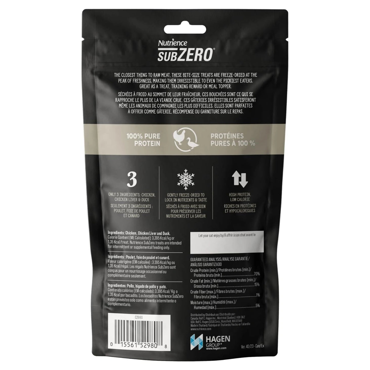 A back view of Nutrience SubZero freeze dried chicken duck cat treat bag on a white background