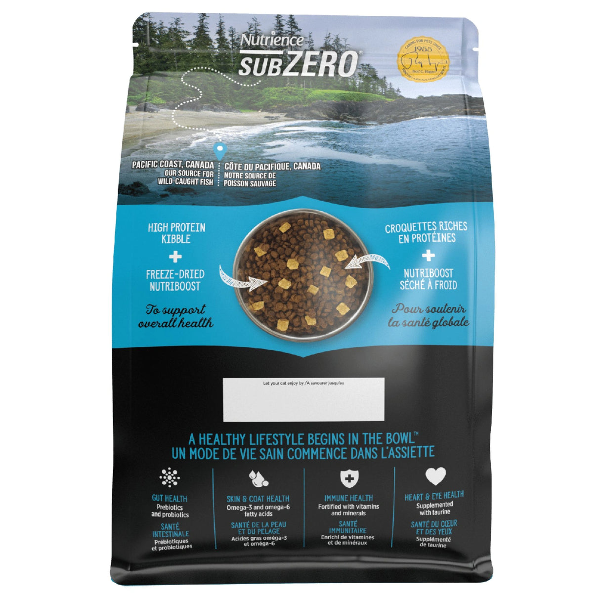 A back view of Nutrience SubZero Canadian Pacific Coast grain-free high protein cat food on a white background