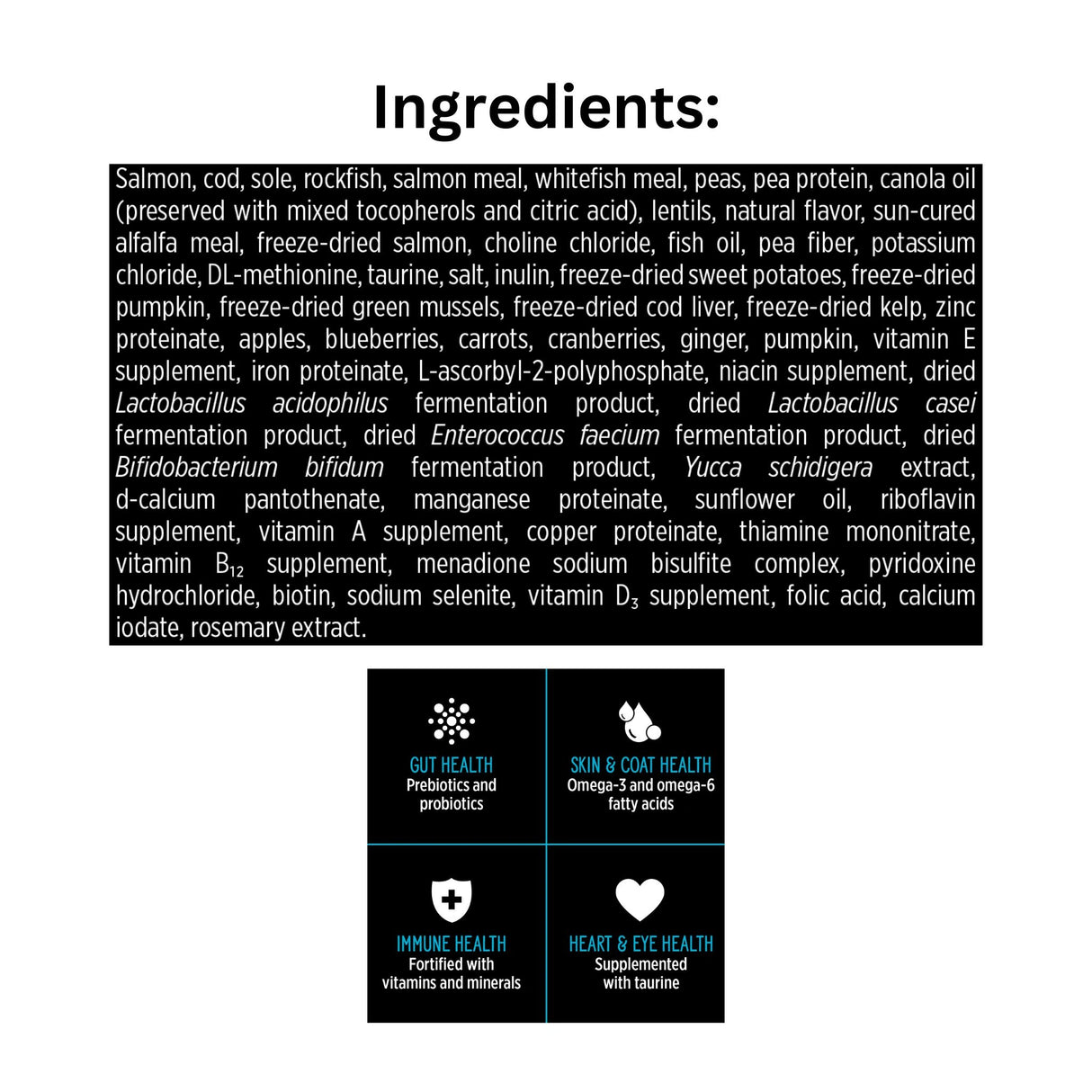 Guaranteed analysis of Nutrience SubZero Canadian Pacific Coast grain-free high protein cat food with icons