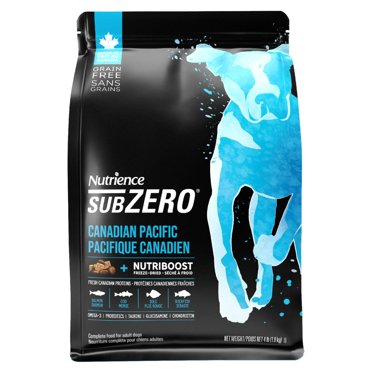 Front view of Nutrience SubZero Canadian Pacific grain-free high protein dog food on a white background