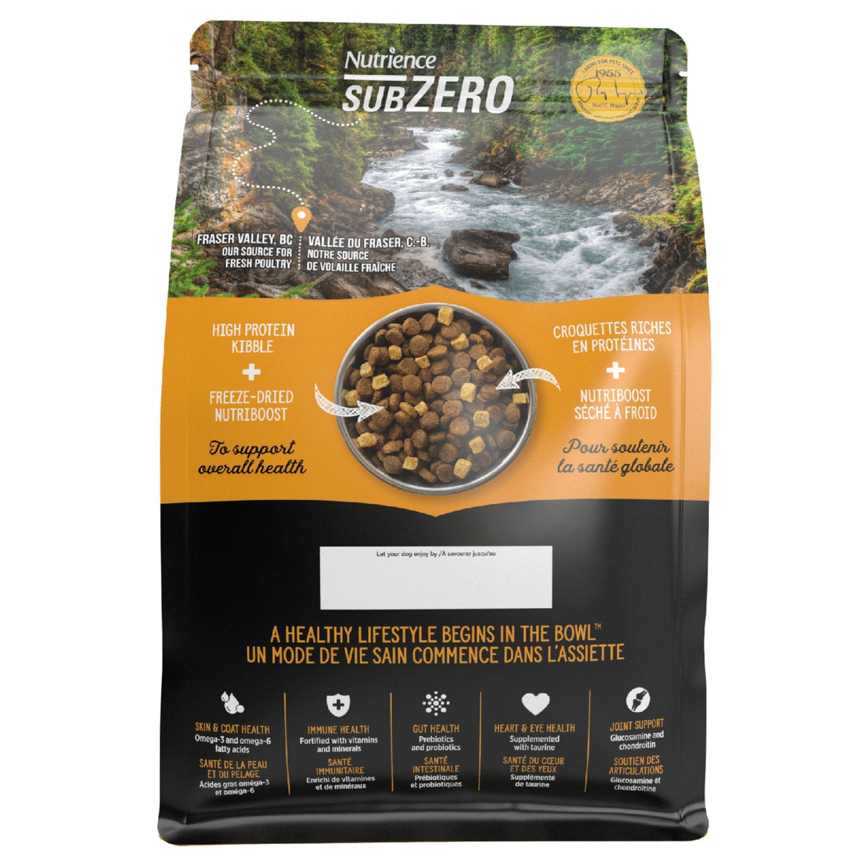 A back view of Nutrience SubZero Fraser Valley Grain Free High Protein Dog Food 10kg on a white background