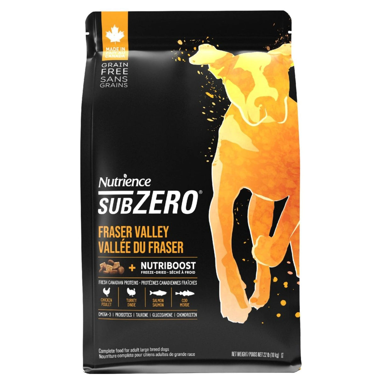 A front view of Nutrience SubZero Fraser Valley Grain Free High Protein Dog Food 10kg on a white background