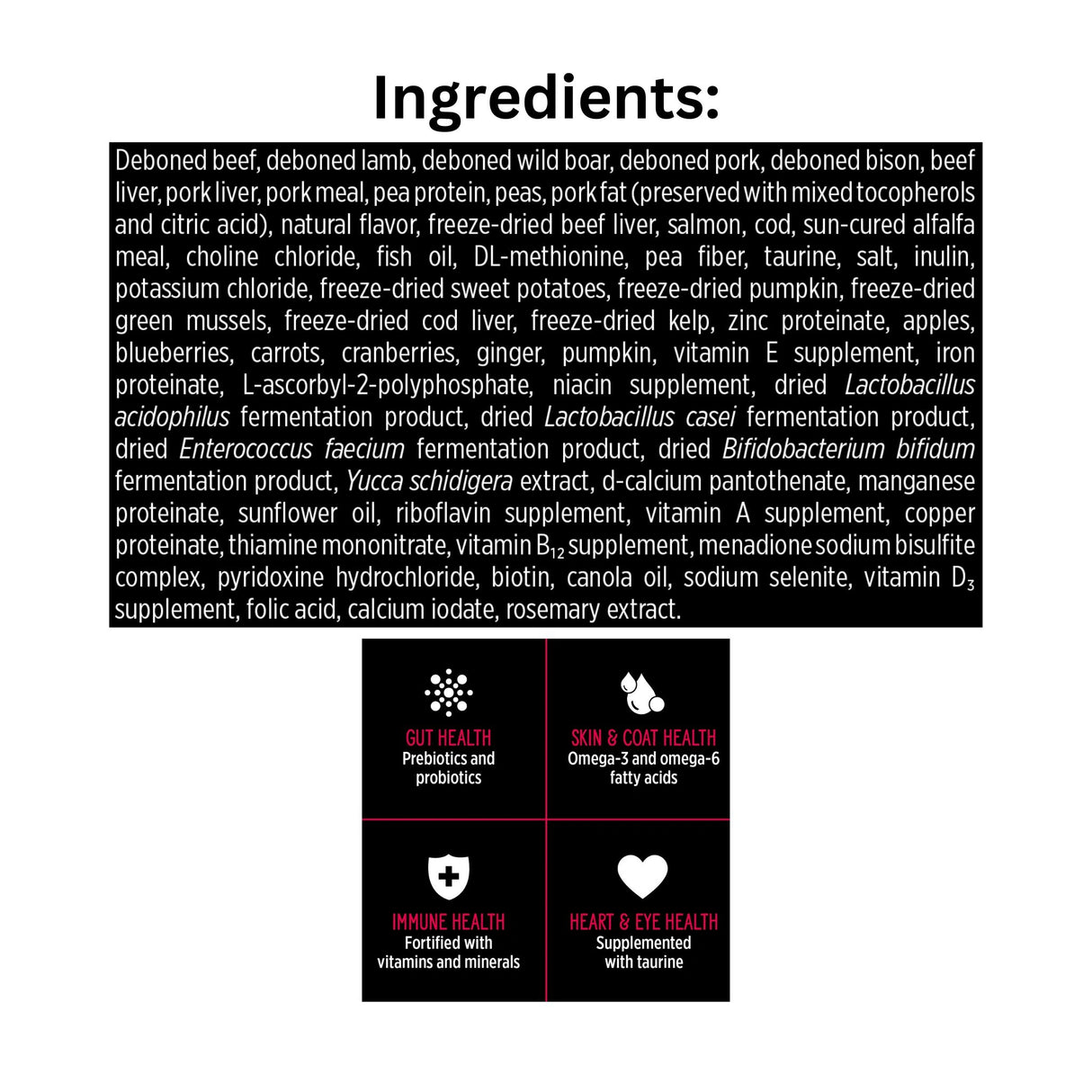 List of ingredients of Nutrience SubZero Prairie Red grain-free high protein cat food with icons