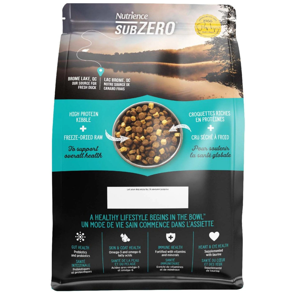 Back view of Nutrience SubZero Duck & Pear Dog Food on a white background