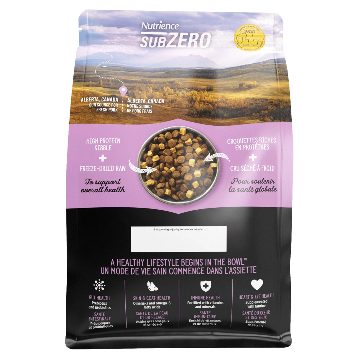 Back view of Nutrience Limited Ingredient Grain Free Pork and Apple dog food packaging highlighting nutritional info on a white background

