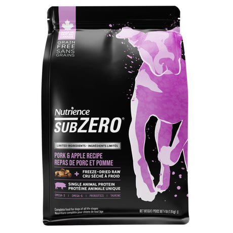 Front view of Nutrience SubZero Pork & Apple Dog Food on a white background