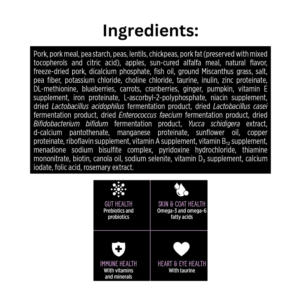 List of ingredients of Nutrience SubZero Pork & Apple Dog Food with icons