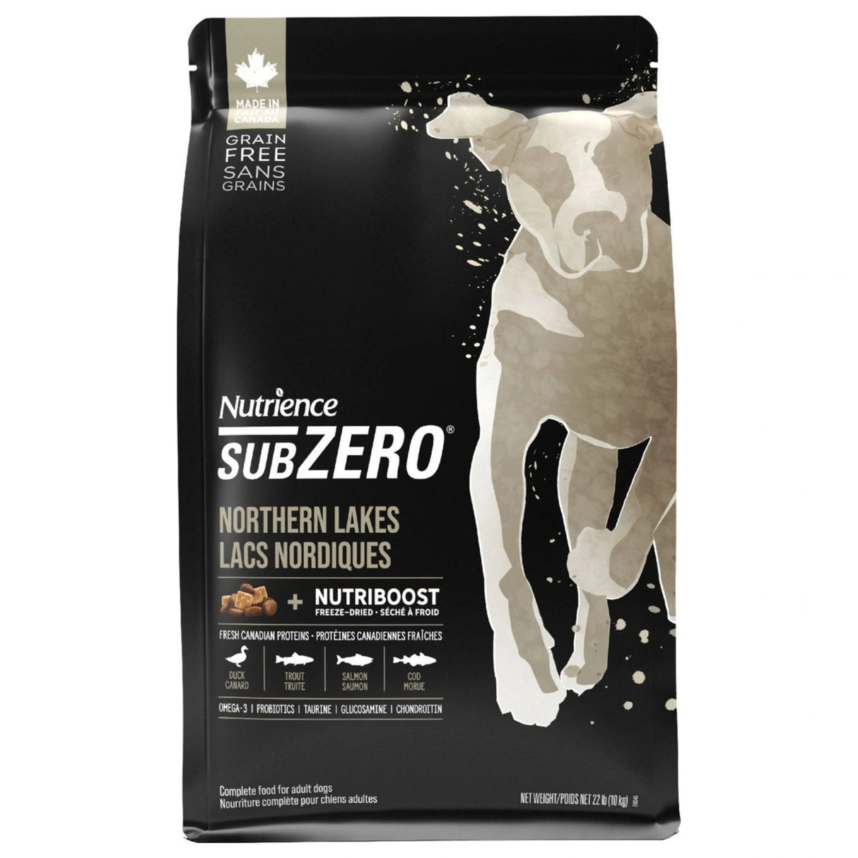 A front view of Nutrience SubZero Northern Lakes grain-free 10kg fish and duck dog food on a white background