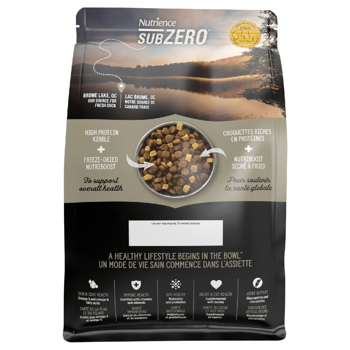 Back view of Nutrience SubZero Northern Lakes Grain-Free Fish and Duck Dog Food packaging on a white background