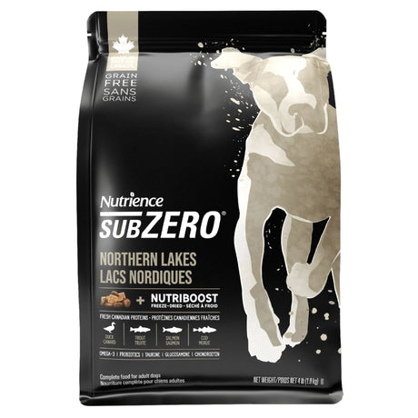 Front view of Nutrience SubZero Northern Lakes Grain-Free Fish and Duck Dog Food bag on a white background