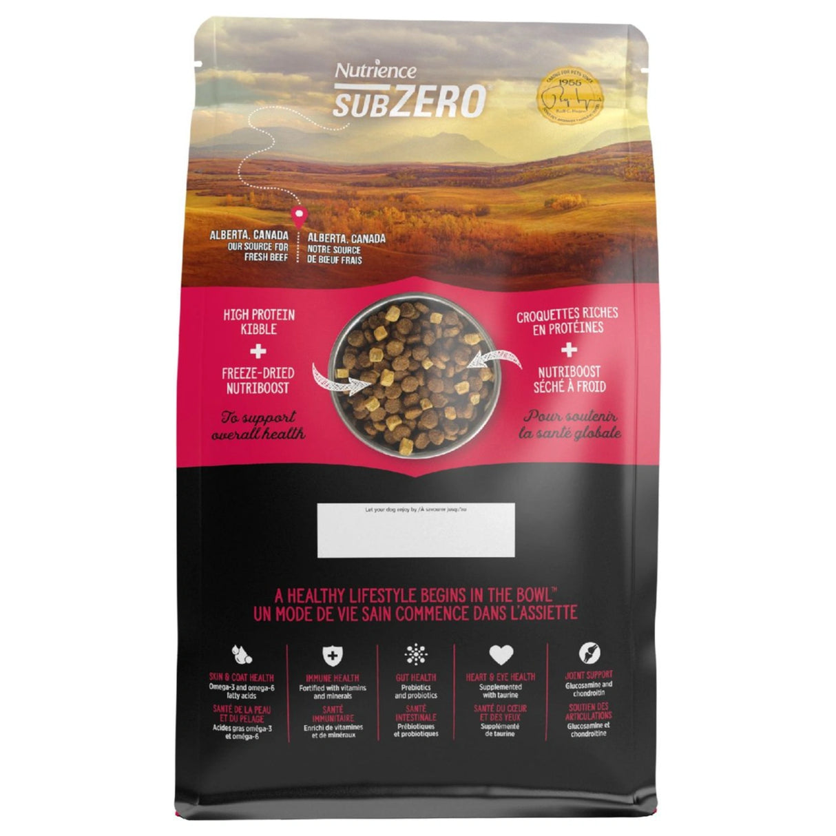 A back view of Nutrience SubZero Prairie Red High Protein Dog Food on a white background