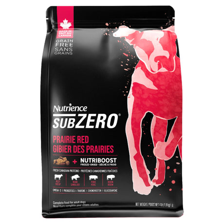 Front view of Nutrience SubZero Prairie Red grain-free high protein dog food bag on a white background