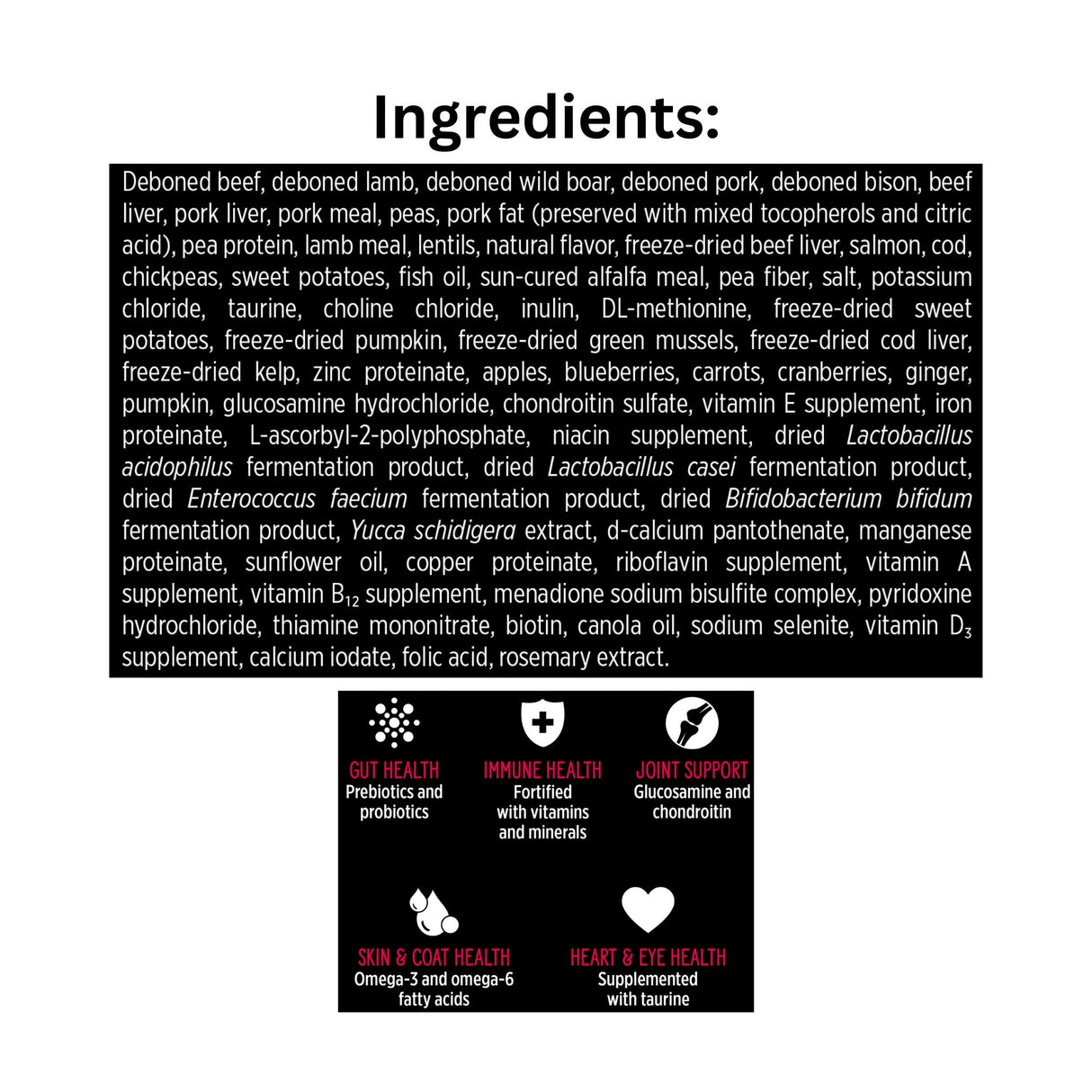 List of Ingredients of Nutrience SubZero Prairie Red Grain Free High Protein Dog Food

