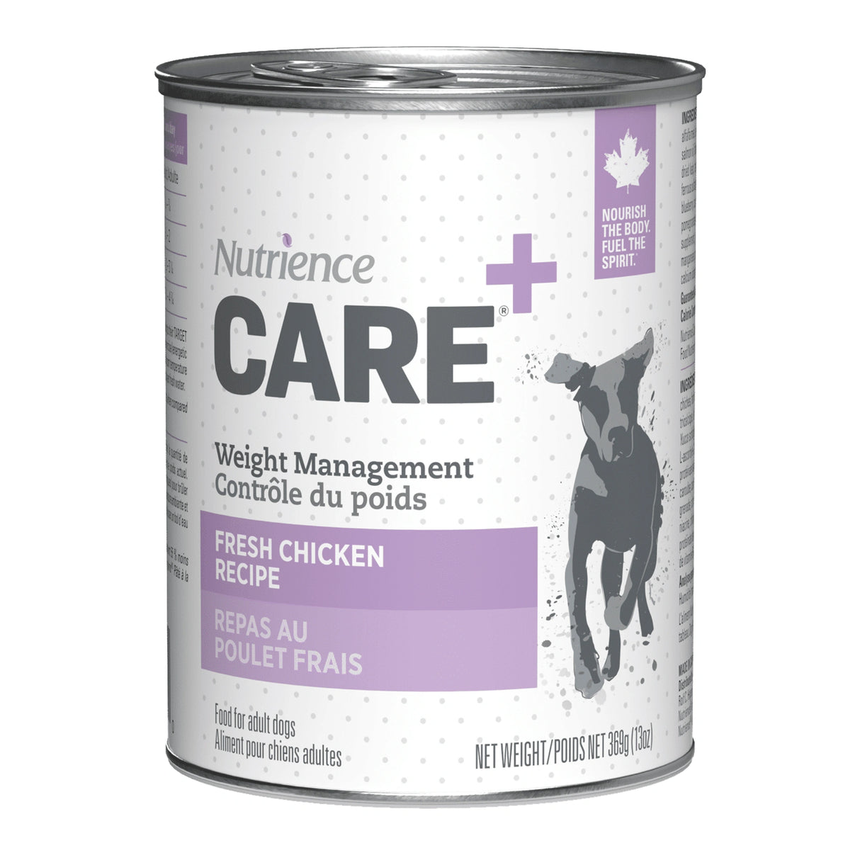 Front view of Nutrience Care Weight Management chicken dog food can on a white background