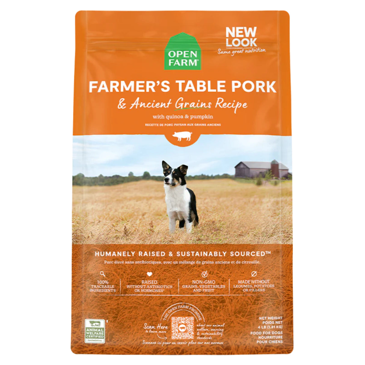 Front view of Open Farm Pork Dog Food with ancient grains on a white background